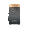 Duracell home battery energy storage system, front view with digital display, orange top and black bottom.