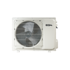 EG4 Hybrid Mini-Split outdoor condenser unit front view, featuring a large fan behind a protective white grille and the EG4 logo displayed on the right side of the housing. EG4 Hybrid Mini-Split outdoor condenser unit front view, featuring a large fan behind a protective white grille and the EG4 logo displayed on the right side of the housing.