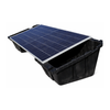 Black plastic ground-mount solar panel tray with angled sides and reinforced edges on a white background.
