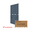 Canadian Solar 415W bifacial solar panel Back-facing and tilted to the right with solar PV pallet