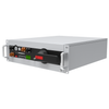 Left Side-facing rack-mounted high-voltage battery control unit with ports, LEDs, and rotary disconnect.