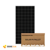 Front facing of a pallet ZNShine Solar 395W full black monocrystalline solar panel on a white background. 