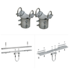 Galvanized steel Tamarack Solar top-of-pole mounting hardware kit showing two pole caps assembly and exploded views of the beam clamp components used for UNI-PGRM solar panel pole mounts.