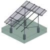 rendering of a four-post ground-mounted solar racking system supporting 5 solar panels arranged in one row of four and one of one