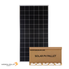 Front-facing view of a Mission Solar 385W monofacial solar panel standing upright on a shipping pallet.