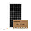 Front-facing view of a Mission Pallet of 365W monofacial solar panel standing on a white background. 