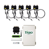 Tigo solar optimization bundle featuring five TS4-A-O 725W module-level power optimizers, one Cloud Connect Advanced (CCA), one Tigo Access Point (TAP), outdoor-rated enclosure, DIN rail, and power supply for module-level monitoring and rapid shutdown.