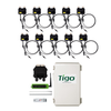 Tigo solar optimization bundle featuring ten TS4-A-O 725W module-level power optimizers, one Cloud Connect Advanced (CCA), one Tigo Access Point (TAP), outdoor-rated enclosure, DIN rail, and power supply for module-level monitoring and rapid shutdown.