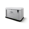 Briggs & Stratton PowerProtect+™ PP22 22kW whole-home standby generator shown at an angled view, featuring a silver weather-resistant enclosure with side ventilation, black base