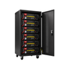 Right turn 3/4 view of EG4 LifePower4 V2 Lithium Batteries Kit showing 6 Server Rack Batteries With Pre-Assembled welded Enclosed Rack With Door & Wheels