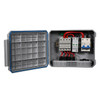 A three-quarter interior view of an open ECO-WORTHY solar combiner box. The light-gray plastic box has a blue rubber seal around the inside of the lid. Inside, mounted on a DIN rail, are three fuse holders for DC fuses, a surge protector, and a DC circuit breaker. The components are wired together with thick red and black cables.          Analysis