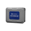 A front, three-quarter view of a light-gray, rectangular solar combiner box. The front panel is dark blue with a repeating hexagonal pattern. In the center, white text reads "ECO-WORTHY" above a house-and-sun logo, and "SOLAR COMBINER BOX" below. The brand name is also embossed on the top of the gray enclosure. The right side of the box is slightly visible, showing the smooth plastic surface.