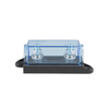 Victron single MEGA fuse holder with transparent cover and  black fuse mounting base on a white background.