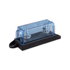 Victron single MEGA fuse holder with transparent cover and  black fuse mounting base on a white background.