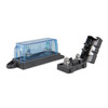 Victron single MEGA fuse holder with transparent cover and  black fuse mounting base on a white background.
