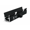 Black aluminum solar mounting rail with integrated channel, white clips, and UL listing.