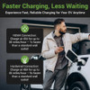 Man using Emporia EV Charger on vehicle for fast and secure charging with product specifications