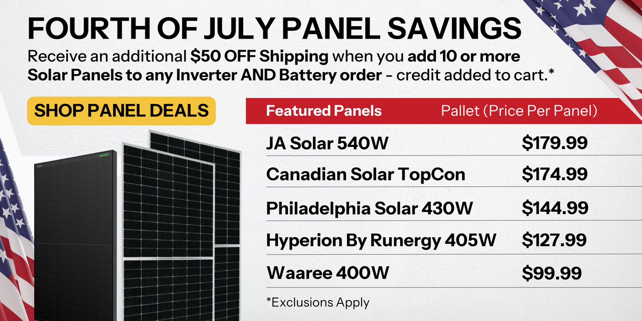 Fourth of July solar panel savings promotion with pricing details. Additional $50 off shipping in cart with 10 solar panels, battery, and inverter purchase. Shop now!