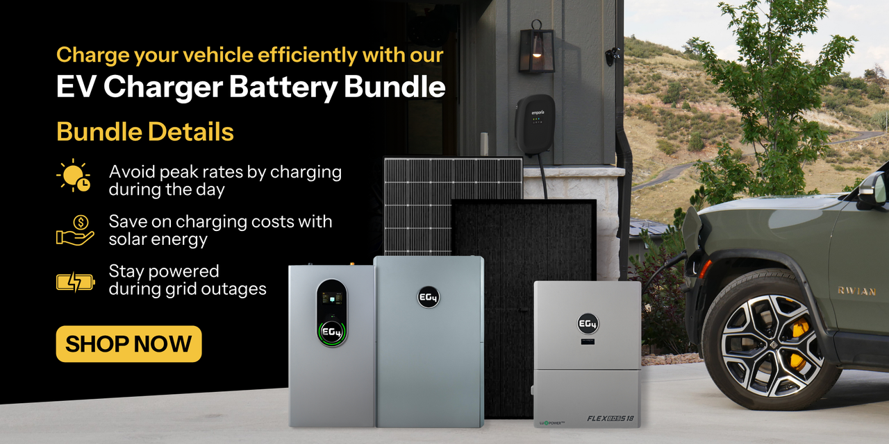 EV charger battery bundle promotional banner showing EG4, PEIMAR, and Emporia products with electric car charging and benefits. Shop Now!