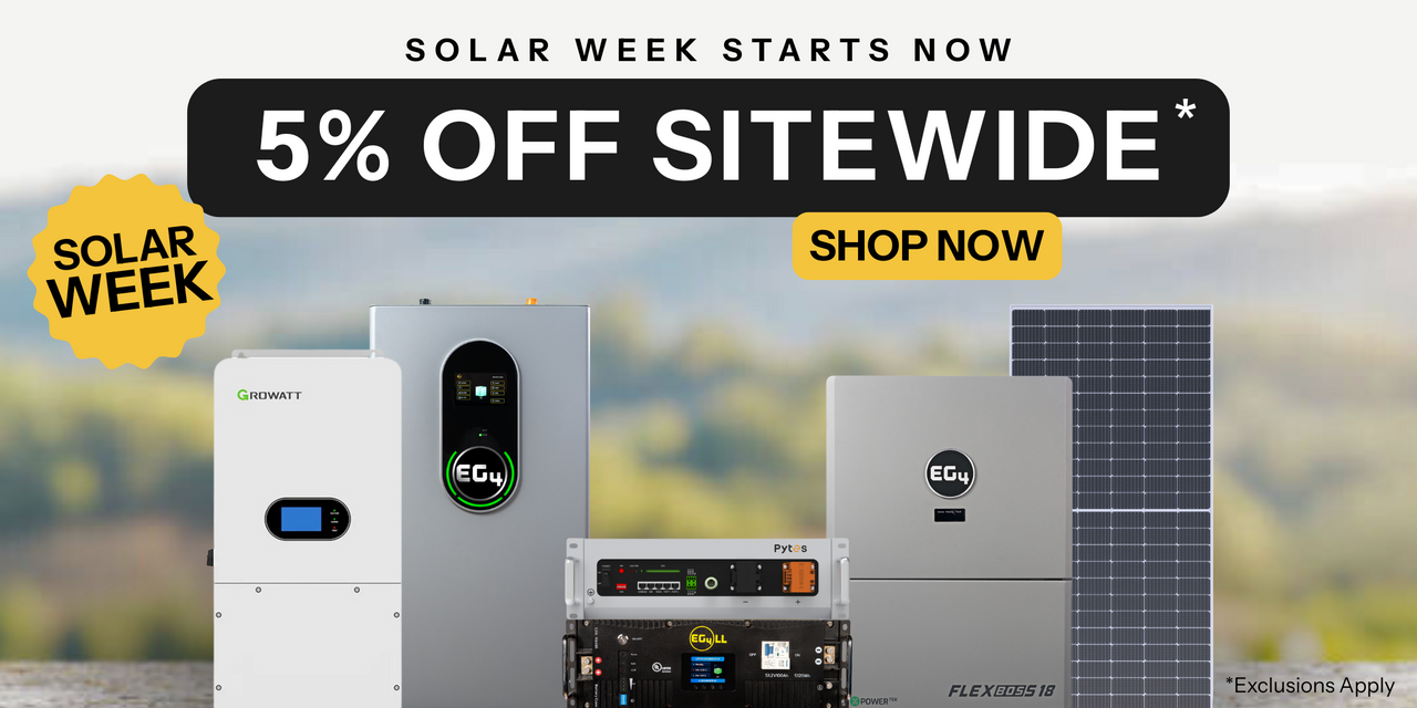 Promotional banner for Solar Week sale with 5% off sitewide discount offer. Showing solar products with green hill background. Shop now!