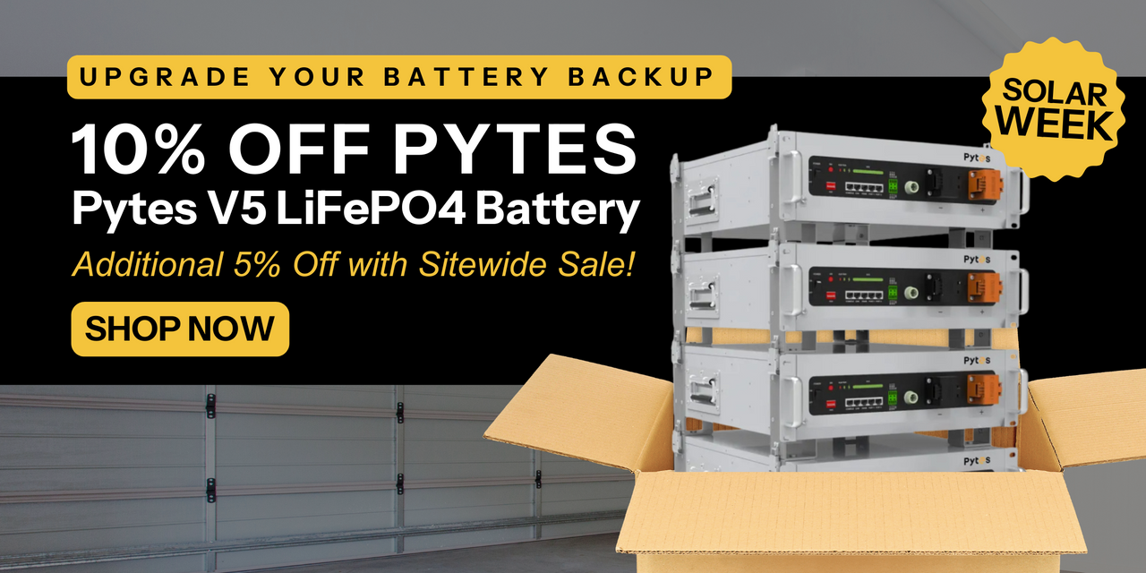 Pytes V5 LiFePO4 battery 10% off and an additional 5% off with sitewide sale. Shown coming out of a box in a garage. Shop now CTA!