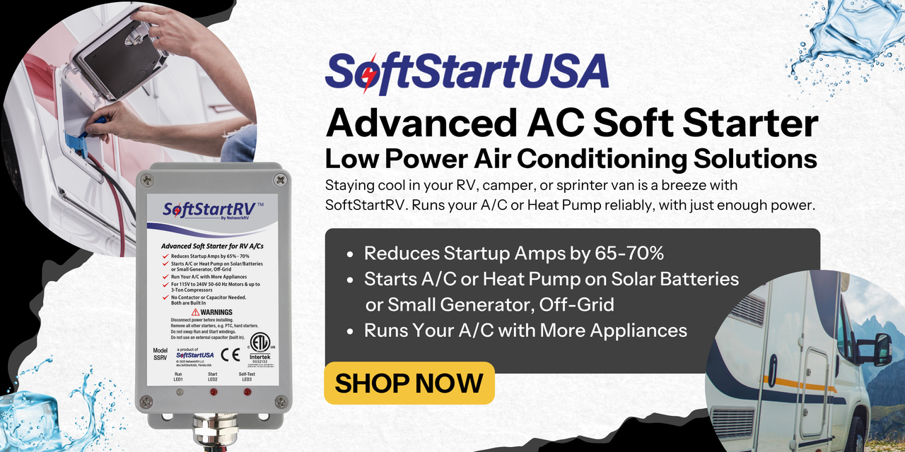 SoftStartUSA promotional banner showing SoftStartRV Advanced AC Soft Starter for low power air conditioning solutions. Showing RV hookup and ice cube cooling images. Shop now!