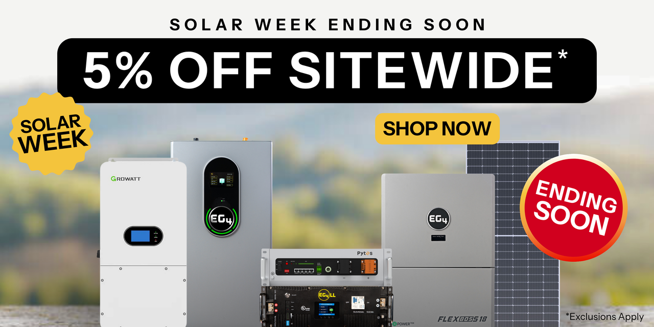 Promotional banner for Solar Week sale with 5% off sitewide discount offer. Showing solar products with green hill background. Ending Soon banner. Shop now!