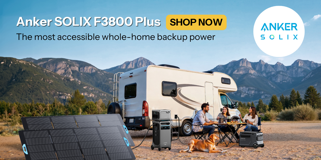 Anker banner showcasing the Anker SOLIX F3800 Plus Portable Power Station at RV site with mountain background. Shop now!