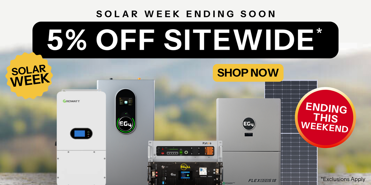 Promotional banner for Solar Week sale with 5% off sitewide discount offer. Showing solar products with green hill background. Ending Soon banner. Shop now!