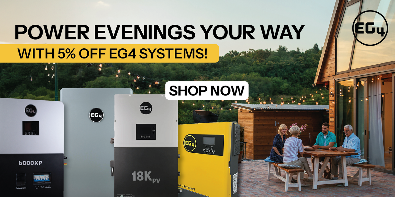 5% off EG4 power systems showing 6000XP, 18Kpv, and more in backyard with people at table with string lights. Shop now!