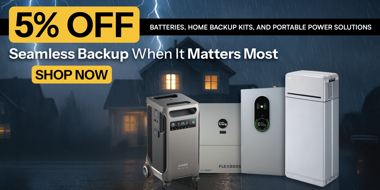 Get 5% off batteries, home backup kits, and portable power solutions showing house in lightning rain storm with LG, Anker, and EG4 products.