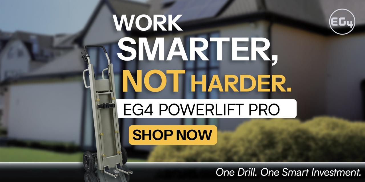 EG4 PowerLift Pro shown outside a home with solar panels advertising smarter not harder work. Shop Now CTA!