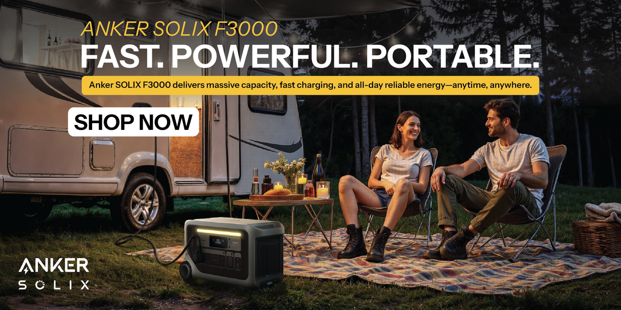 Two people at RV site using the new Anker SOLIX F3000 fast powerful portable power station. 