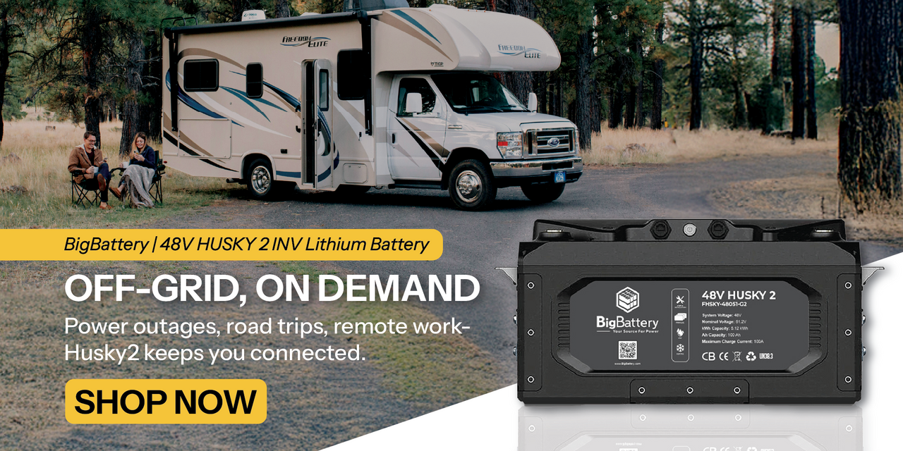 BigBattery 48V Husky2 Inverter Version in campsite with RV and people.