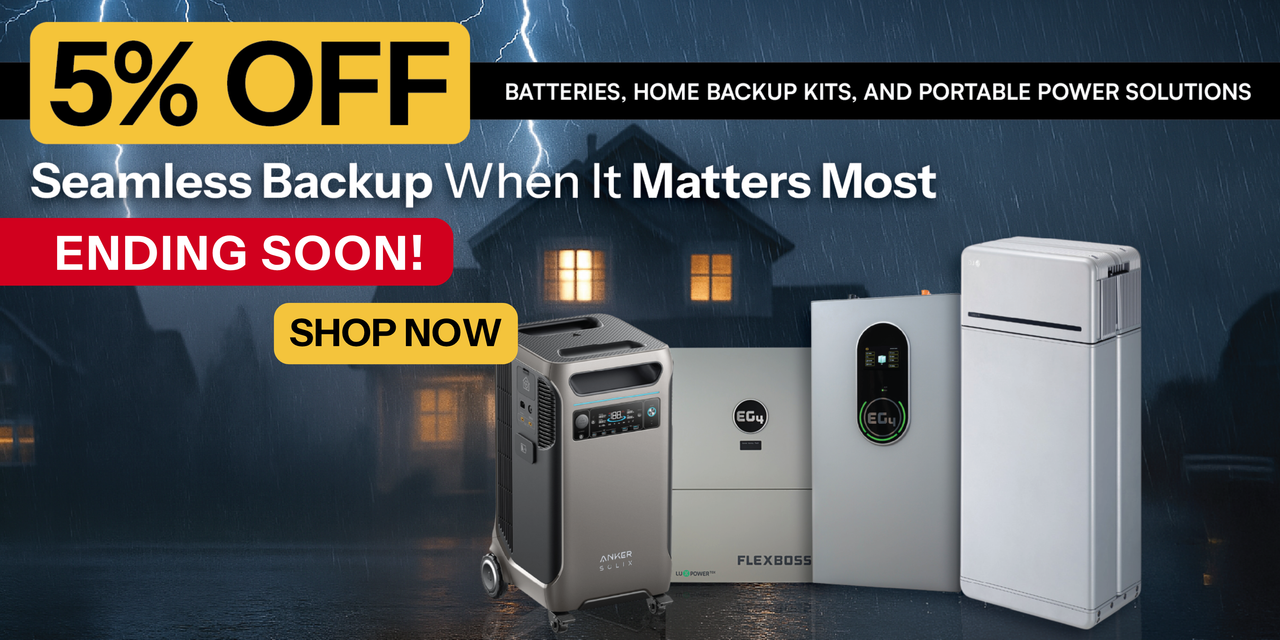 Get 5% off batteries, home backup kits, and portable power solutions showing house in lightning rain storm with LG, Anker, and EG4 products. Ending soon!