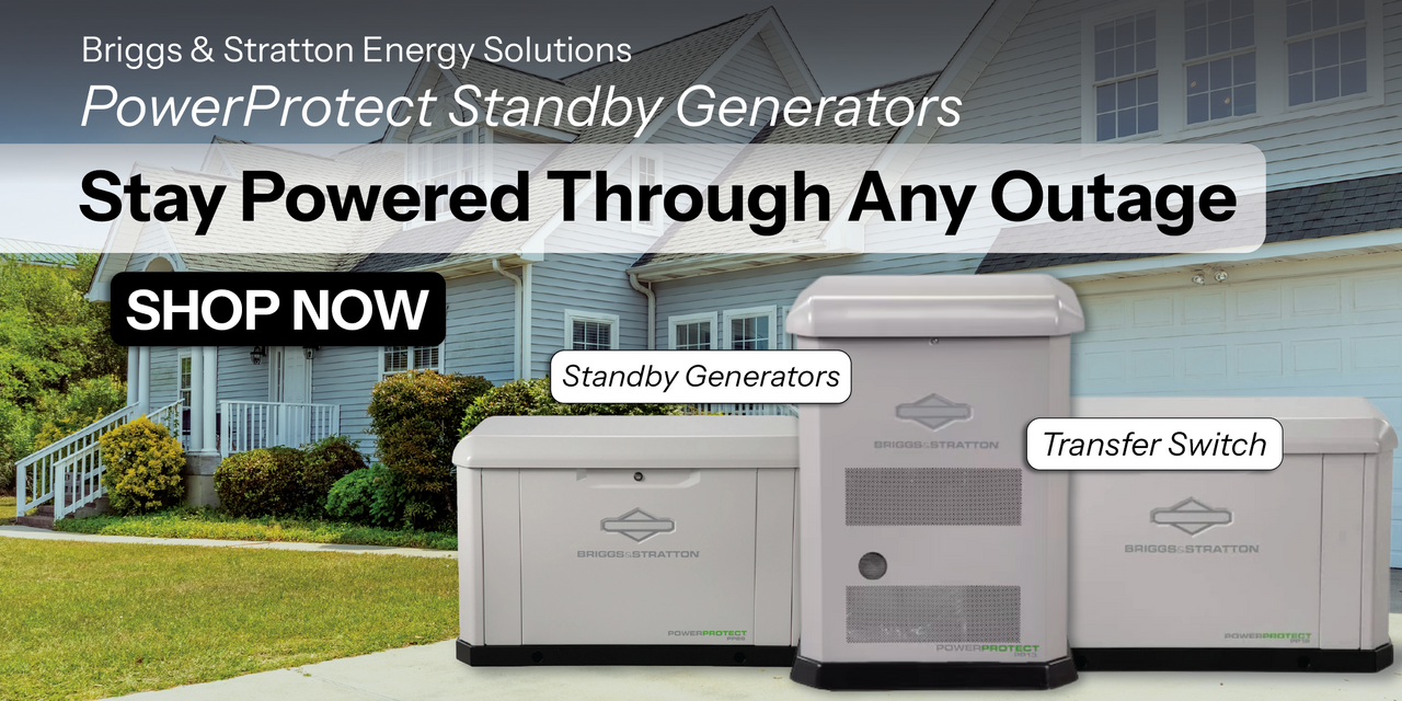 Stay powered through any outage, showing Biggs & Stratton PowerProtect generators in driveway outside of home.