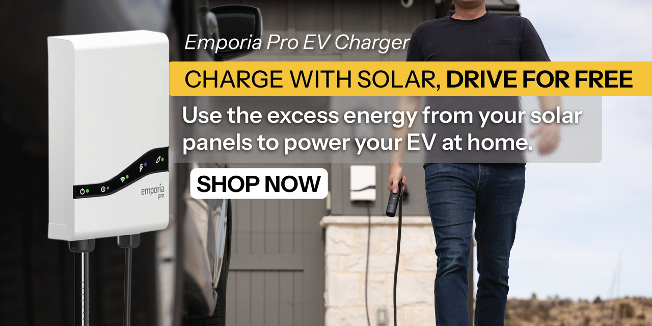 New Emporia Pro EV Charger showing person charging vehicle in driveway. Shop now and power more!