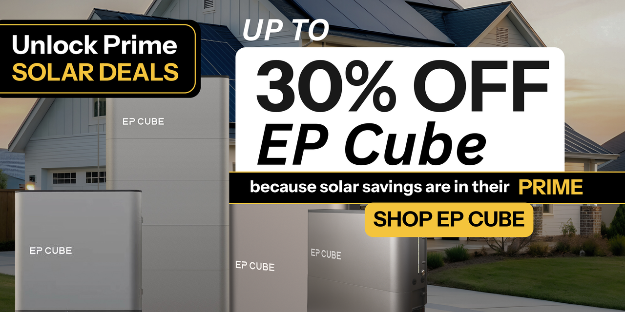 Unlock prime solar deals with up to 30% off EP Cube showing EP Cube in front of home