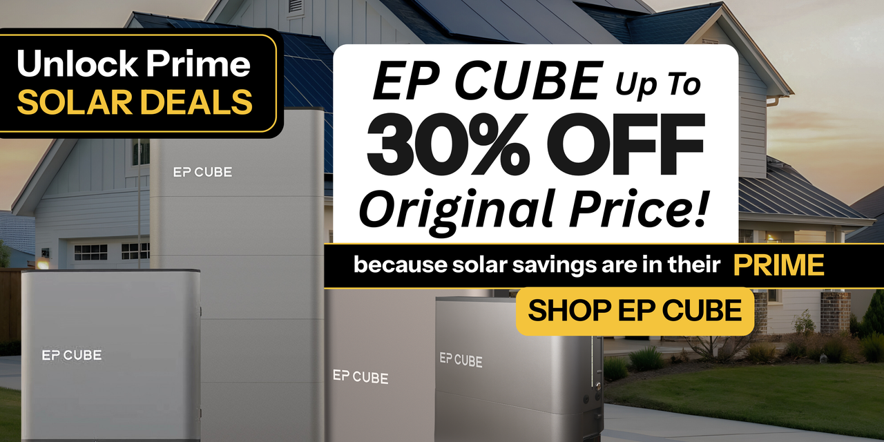 Unlock prime solar deals with up to 30% off EP Cube showing EP Cube in front of home