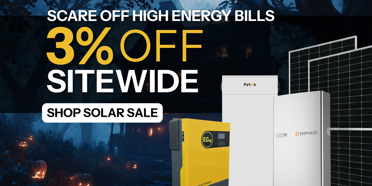 Get 3% off sitewide showing house with lights on at night, EG4, Pytes, and Enphase products, and solar panels. Shop Solar Sale!