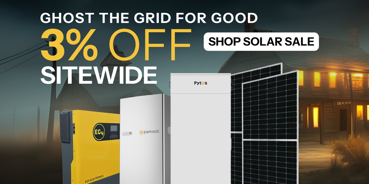 Get 3% off sitewide showing house with lights on at night, EG4, Pytes, and Enphase products, and solar panels. Shop Solar Sale!