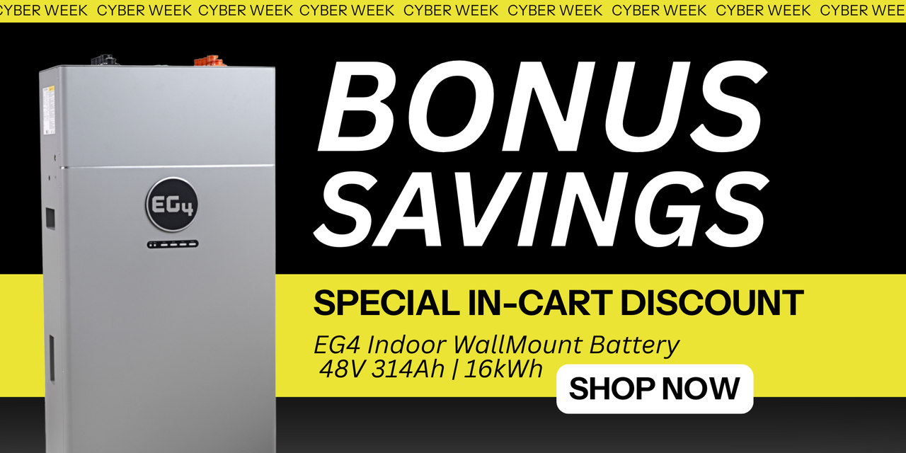 Bonus savings on EG4 Indoor WallMount Battery for Cyber Monday showing battery. Shop now! 