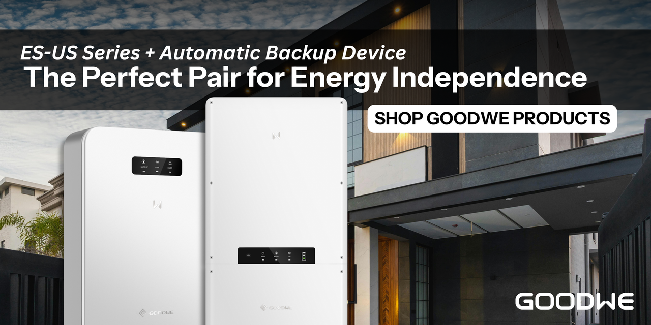 ES-US Series GoodWe inverter and backup device in front of modern home. Shop GoodWe products now!