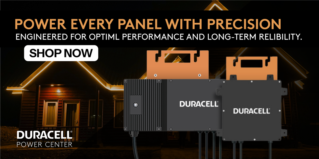 Power every panel with Duracell Power Center Microinverters shown in front of home at night with lights on. Shop now!