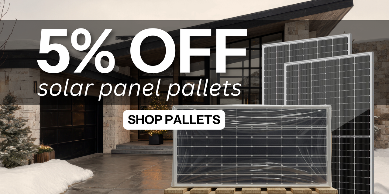 5% off solar panel pallets showing solar panel pallets in front of modern home with snow.