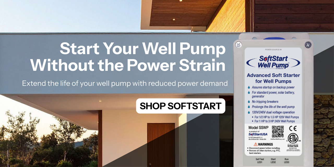 Start your well pump without power strain with SoftStart shown in front of home. Shop SoftStart now!