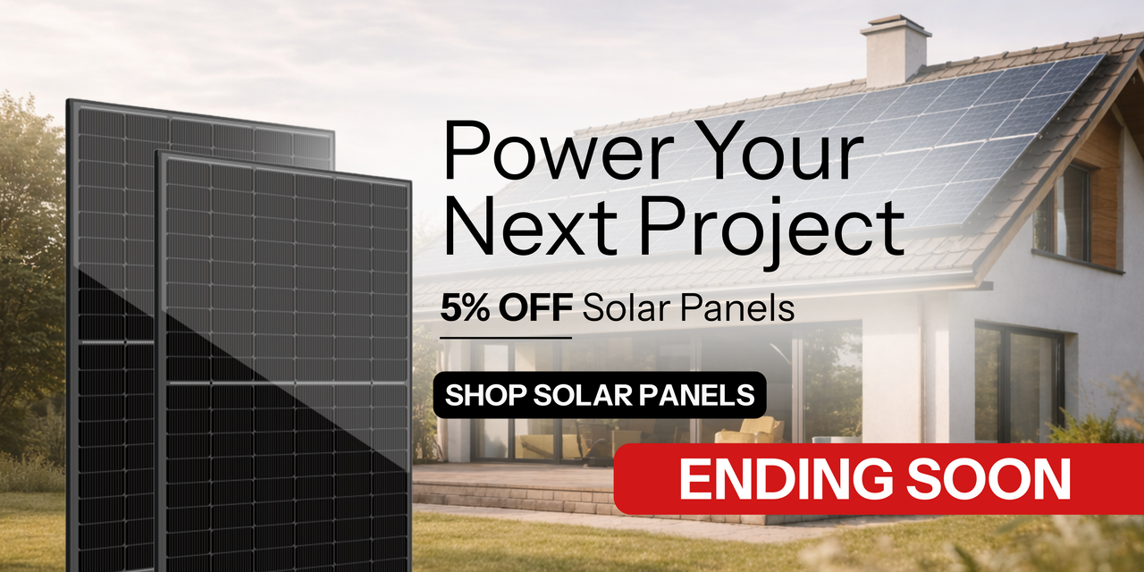 Power your next project with 5% off solar panels. Showing home with solar panels on the roof. Shop solar panels now!