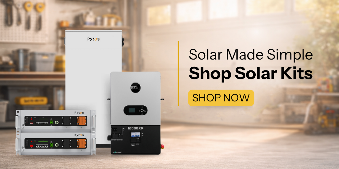 Solar made simple showing Pytes and EG4 products in a workshop. Shop solar kits now!