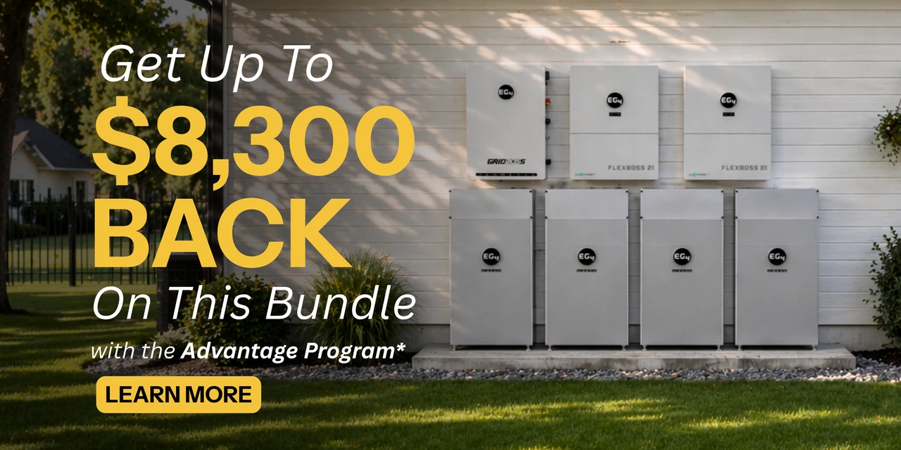 Get up to $8,300 back on the EG4 2 FlexBOSS21 + GridBOSS + 4 AllWeather WallMount Batteries with the Advantage Program.