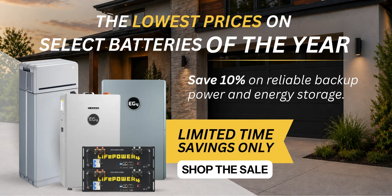 Lowest battery prices of the year showing EG4 WallMount, LG, and rack batteries beside home. Save 10% now!